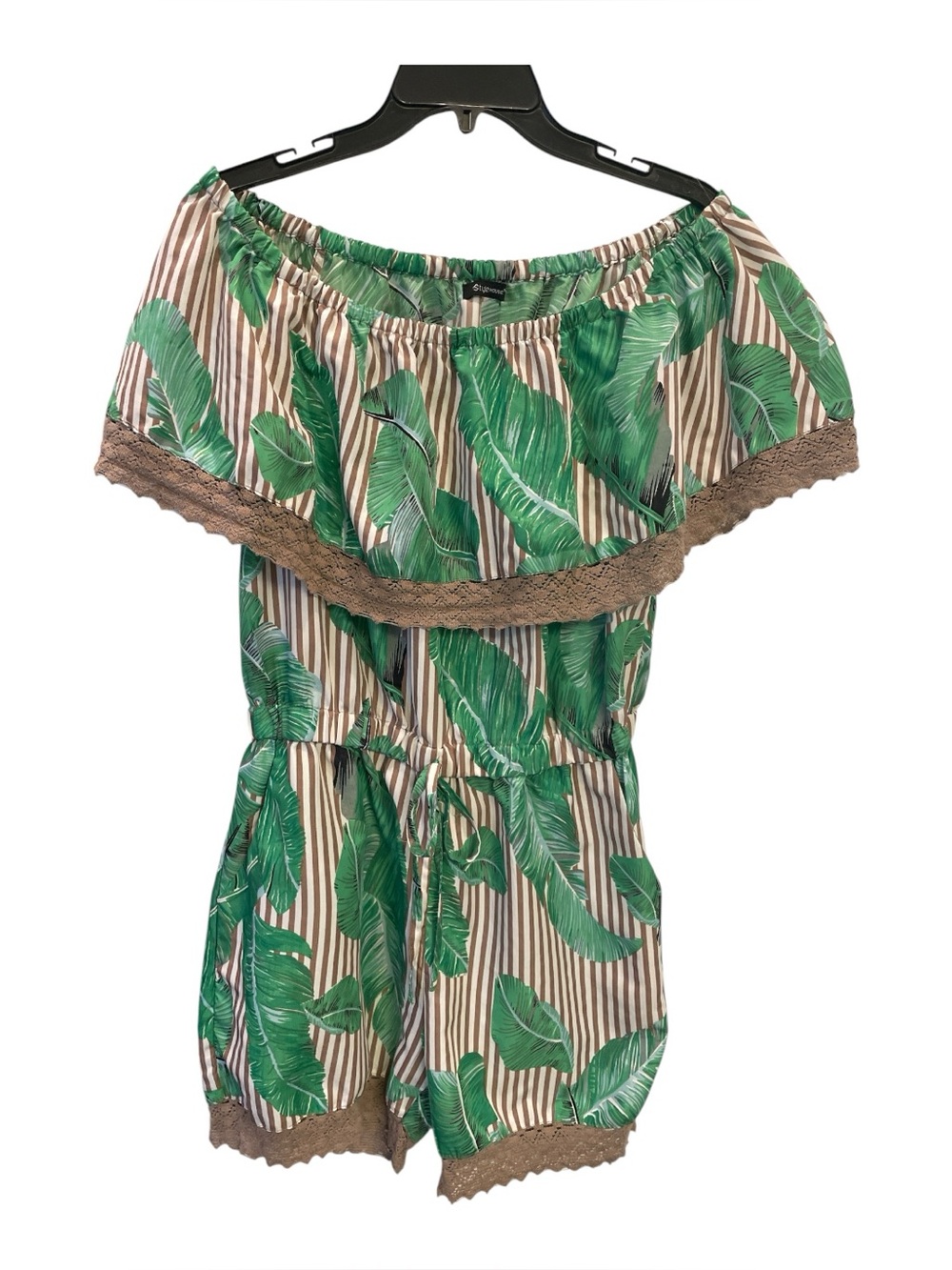Stylehouse Tropical Print Romper Off The Shoulder Green and Tan Size XL